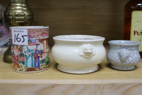 A Chinese blanc-de-chine censer, diameter 5in., a famille rose mug and a crackleglaze censer
